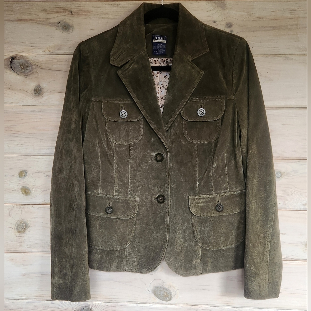 Genuine Leather Vintage b.u.m. Equipment Blazer in Khaki Green